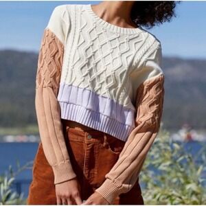 Kendall & Kylie Cream Cable Knit Cropped Color Block Sweater Small